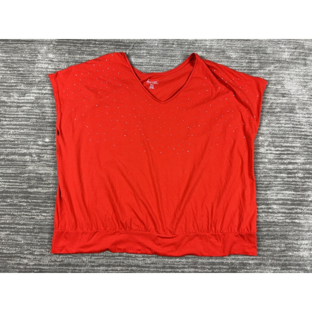 Lane Bryant Top Womens 26/28 Red Pretty & Perfect V-Neck Rhinestone Banded Hem